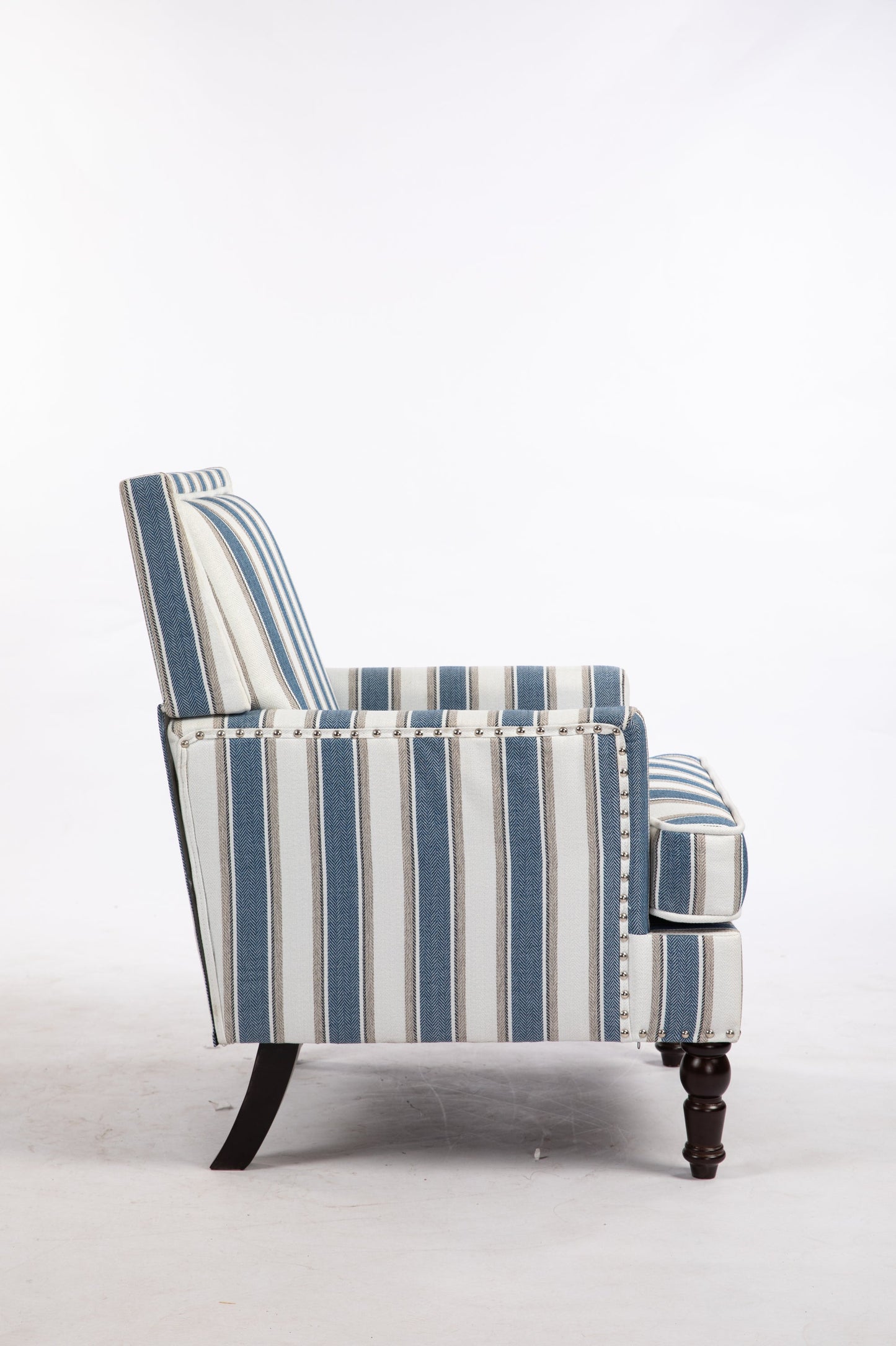 Accent Chair Vintage Blue White Stripe Linen Nailhead Trim