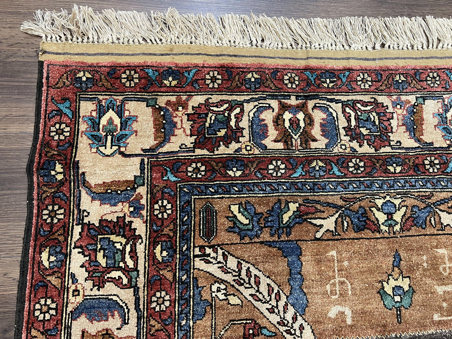 Unique Afghan Silk Rug 4x6, Hunting Pattern Animal Motifs, Light Brown and Cream, Persian Handwritten Poetry, Fine 1940s Oriental Carpet Wow