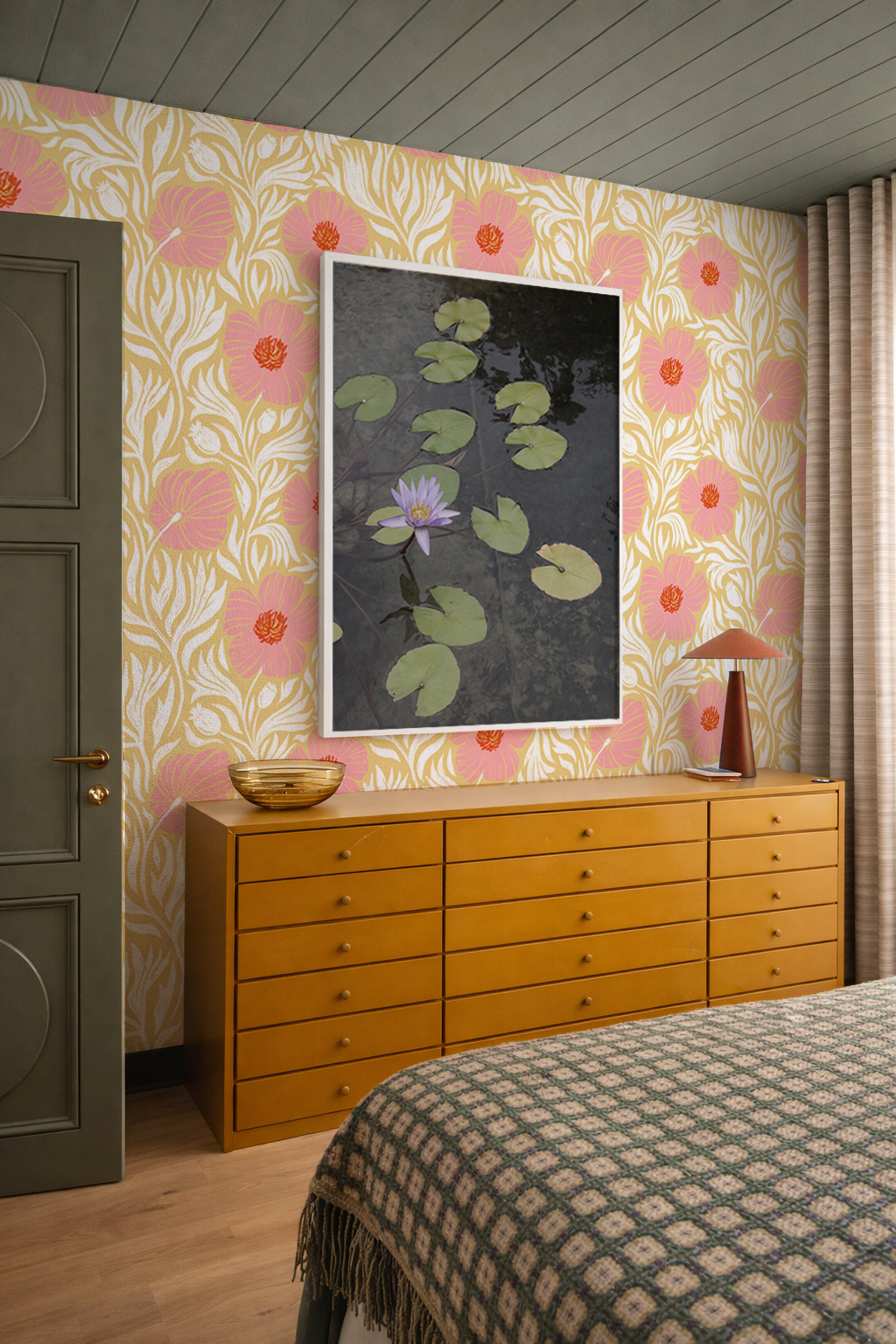 Matilija Wallpaper, butter yellow, pink and white
