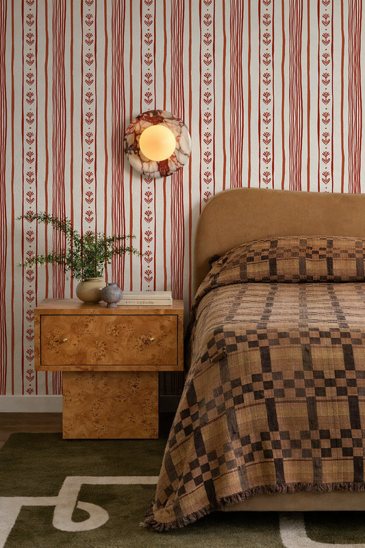 Daisy Chain Stripe Wallpaper, beige and brick red