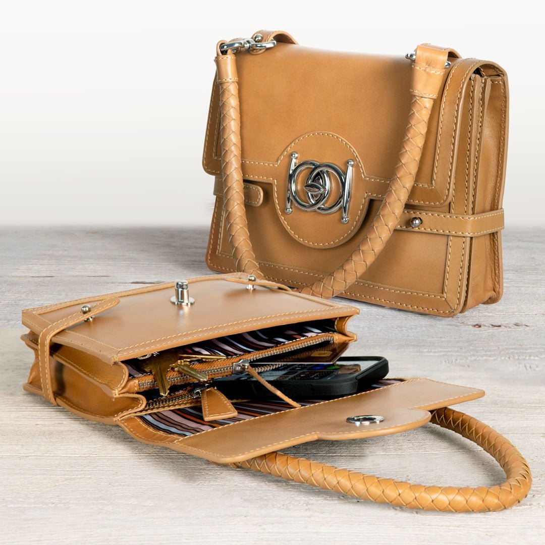 Bella -  Horse Bit Talisman Crossbody Luxury Leather Handbag in Caramel