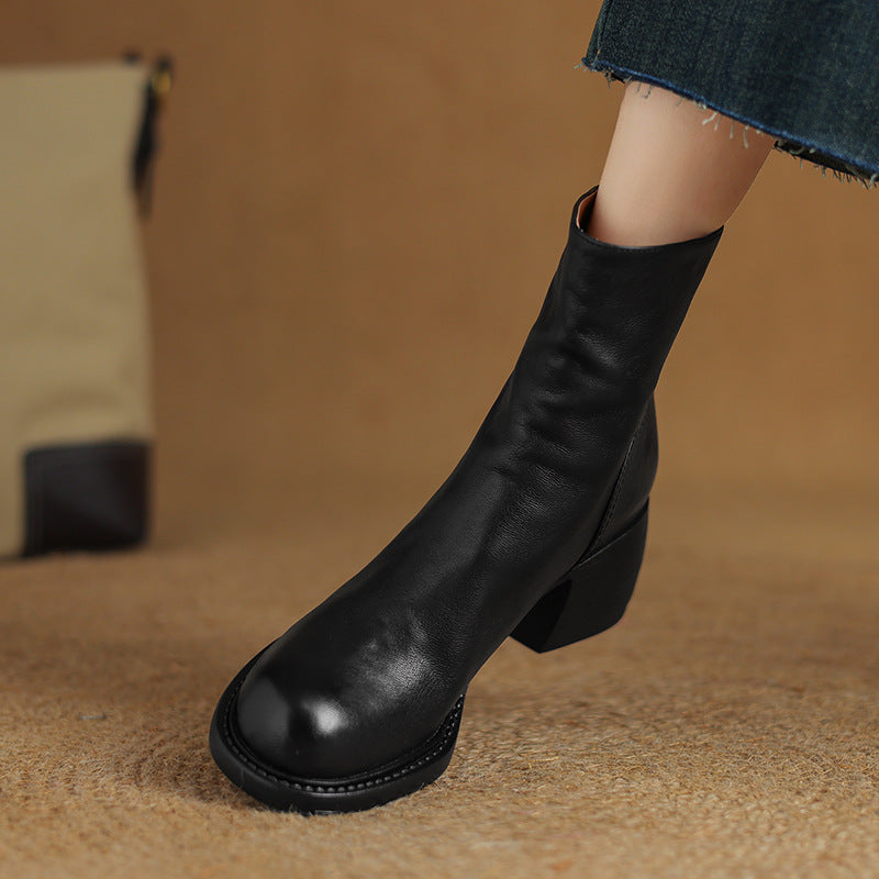 Women's Retro Pointed-Toe Ankle Boots | Chunky Heel Back Zipper Sheepskin