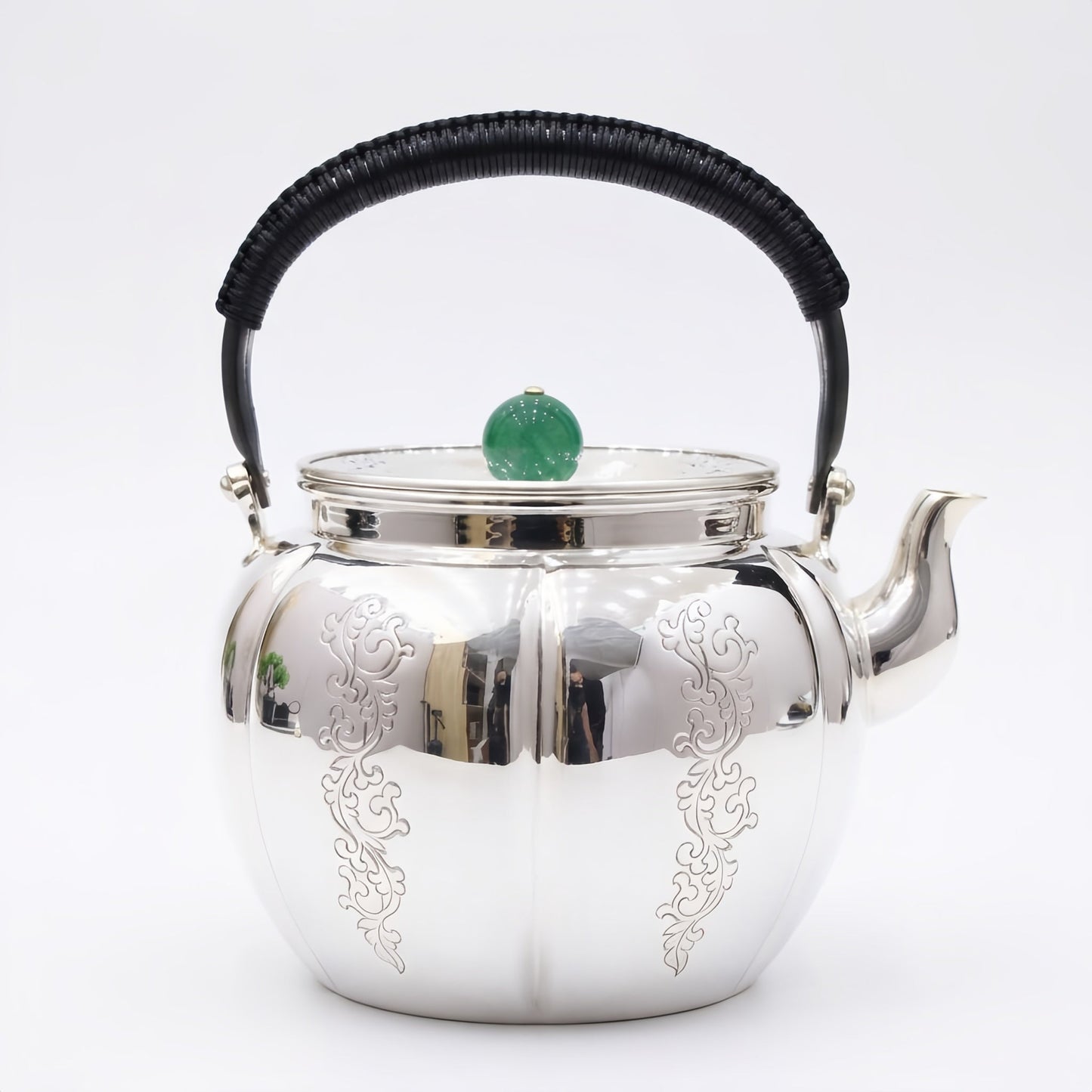 Pure 999 Fine Silver Elegant Silver Teapot with Green Jade Finial and Woven Black Handle - Handicraft