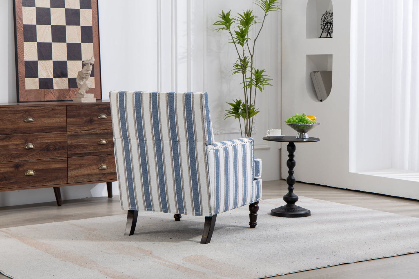 Accent Chair Vintage Blue White Stripe Linen Nailhead Trim