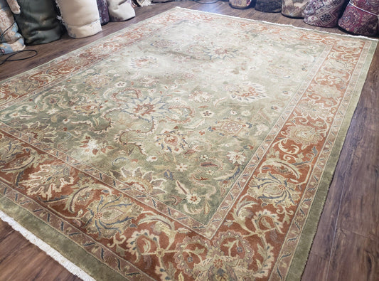 Green Indo Mahal Area Rug 9x12, Wool Hand-Knotted Carpet