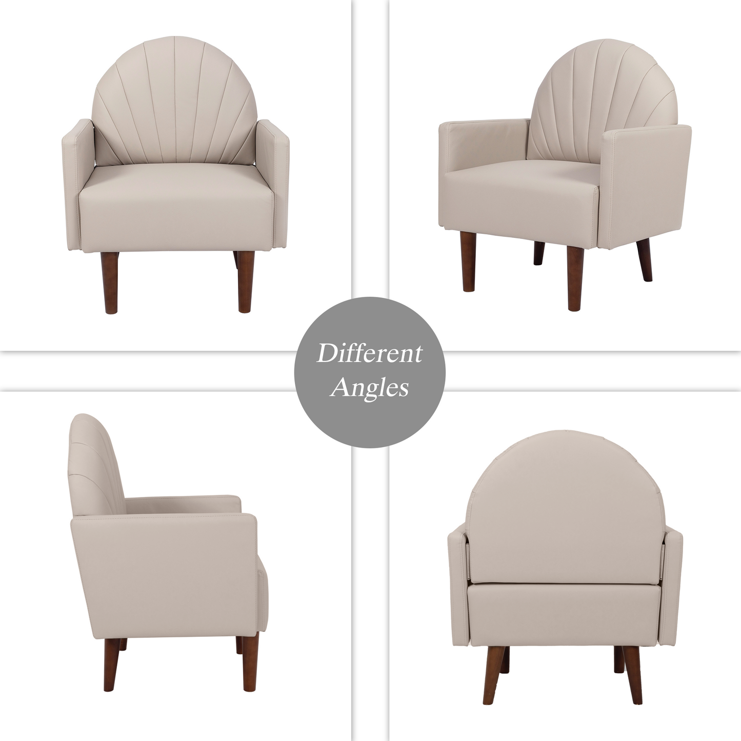 Accent Chair Shell-Shape PU Leather Khaki Solid Wood Legs Easy Assembly