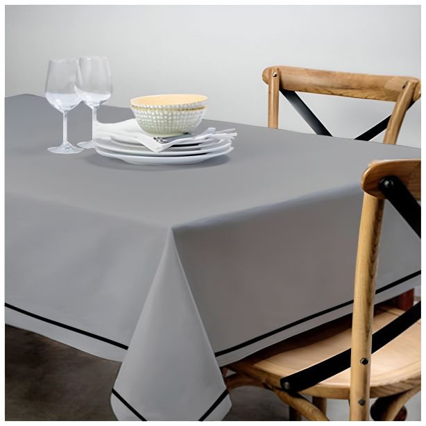 Single Embroidery Border Sateen Cotton Solid Table Cloth - Light Grey