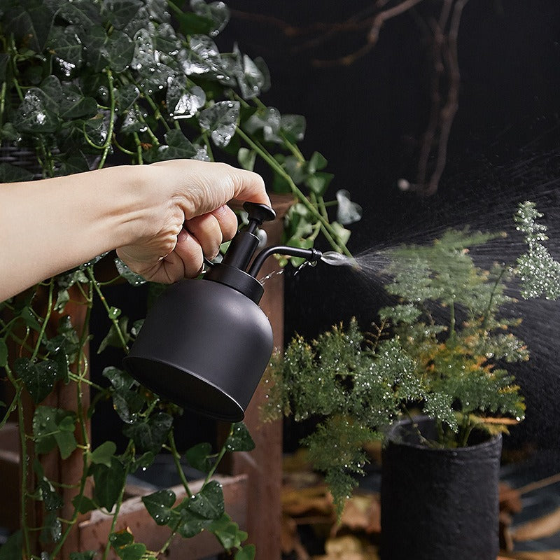 Person watering plants with a black watering can in a garden setting