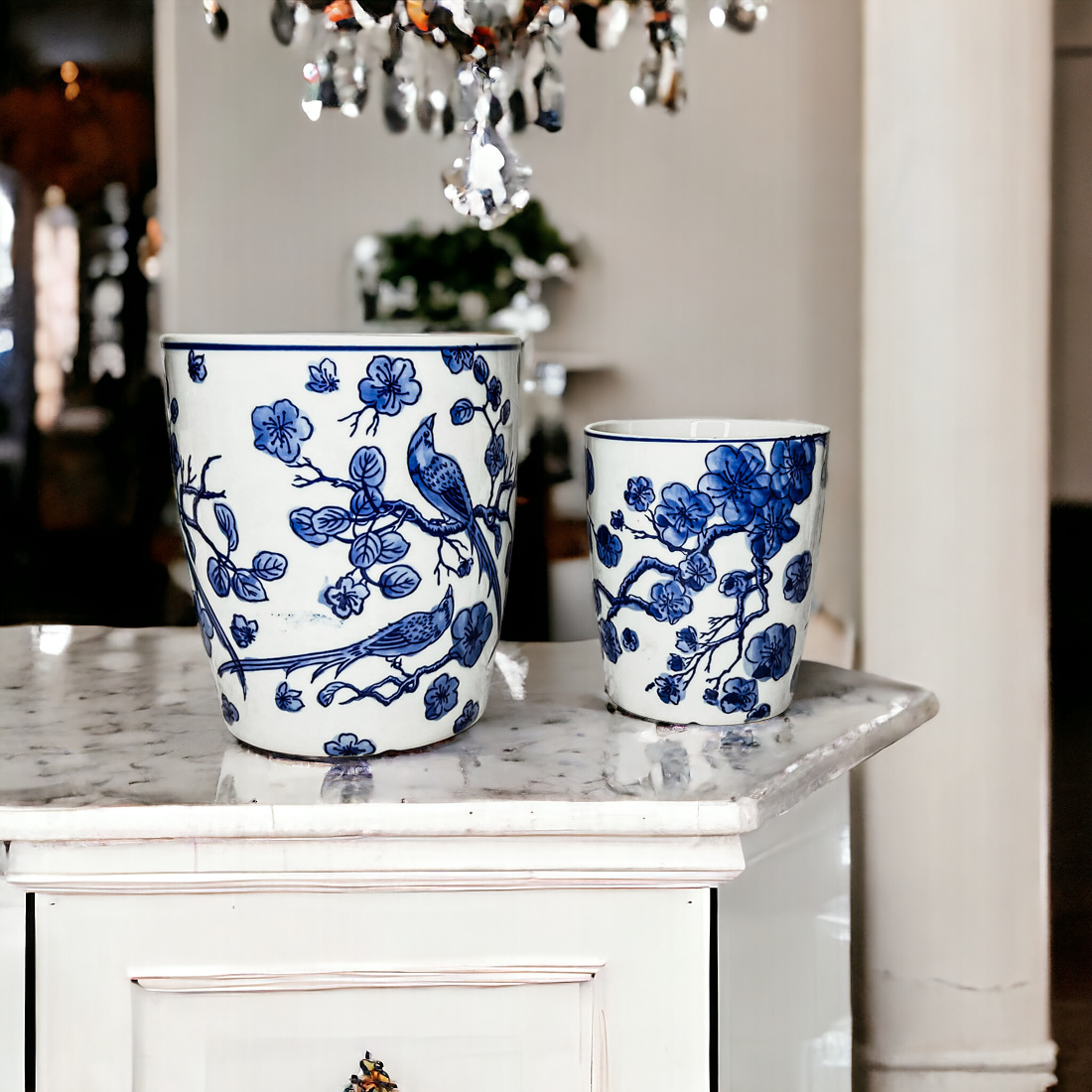 Blue White Chinoiserie Ceramic Vase Planter for Indoor Plants Decorative
