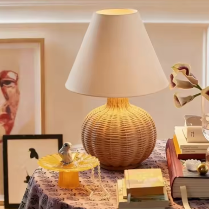 Handwoven Rattan Table Lamp with Linen Shade