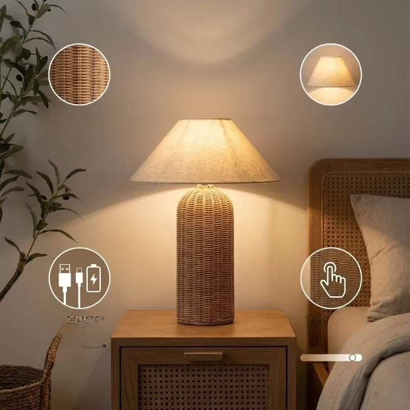 Handwoven Rattan Table Lamp with Linen Shade