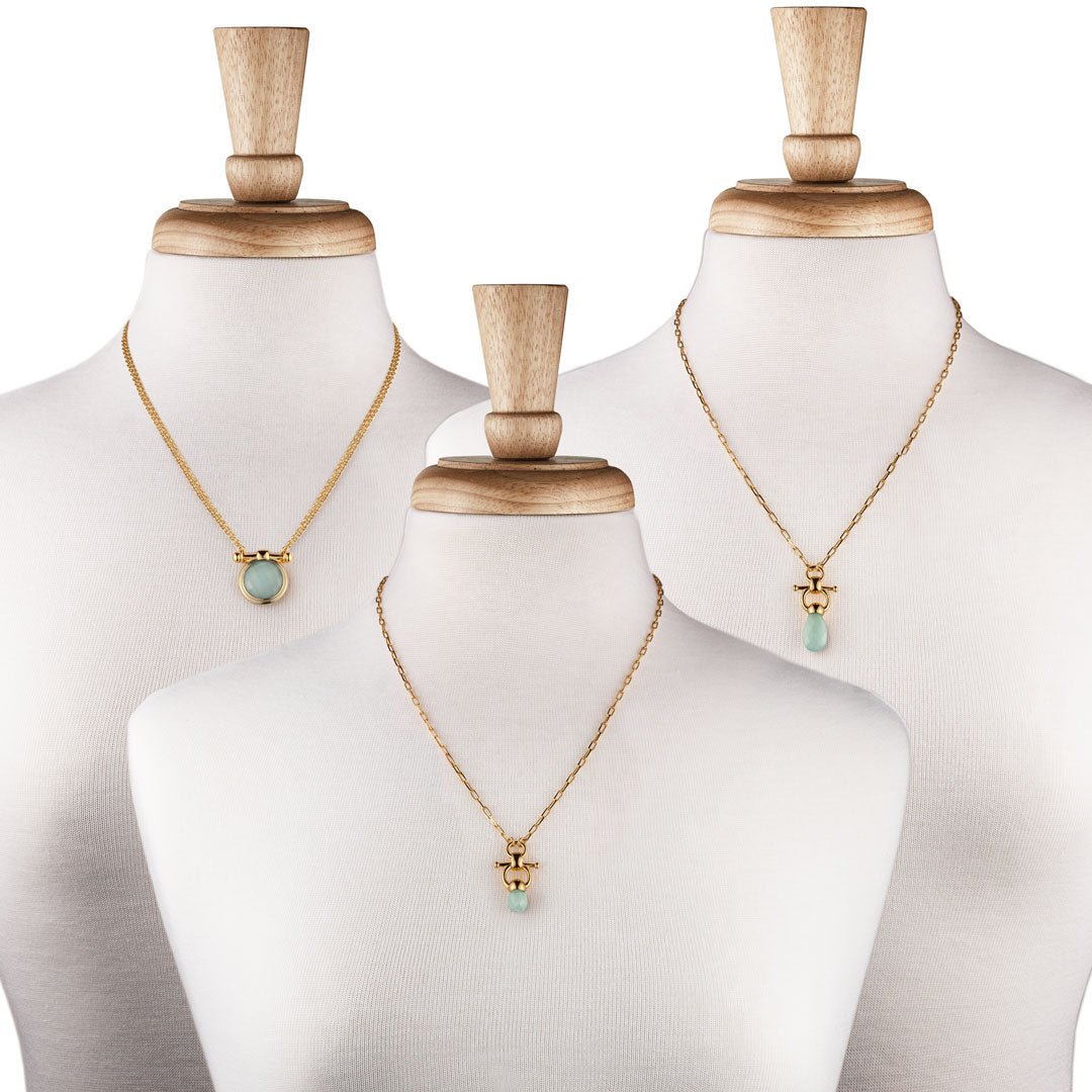 Briolette - Aqua Chalcedony Equestrian Horse Bit Necklace in Gold
