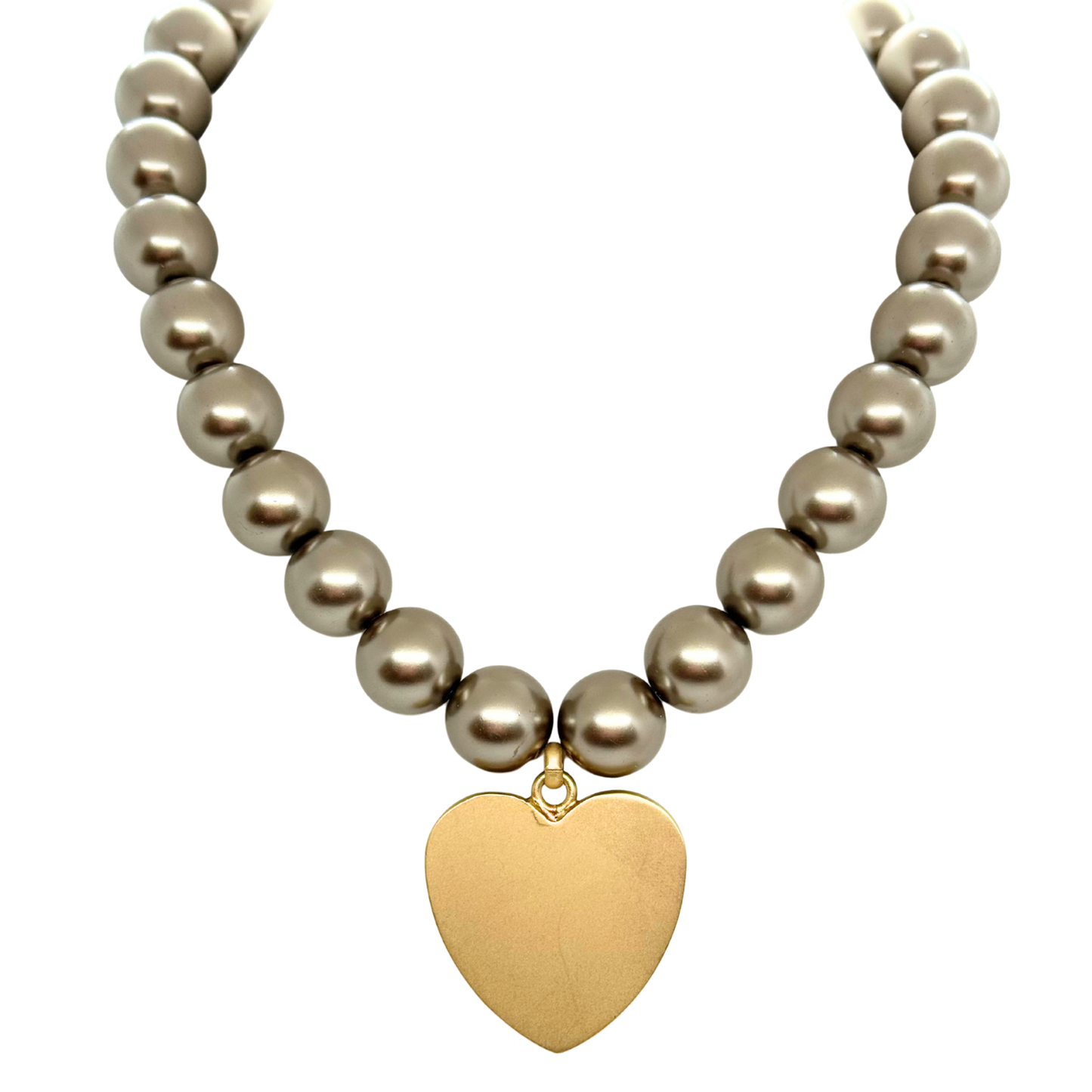 Taupe Bubble Pearls With Large Matte Gold Heart Pendant