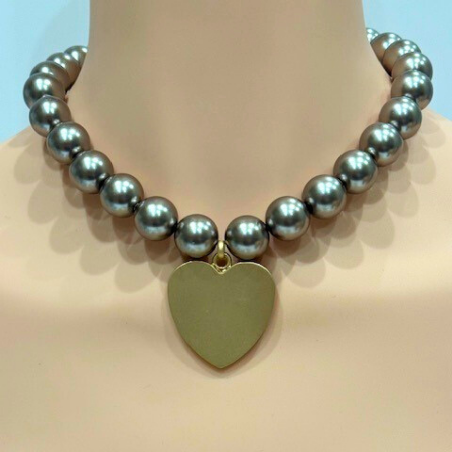 Taupe Bubble Pearls With Large Matte Gold Heart Pendant