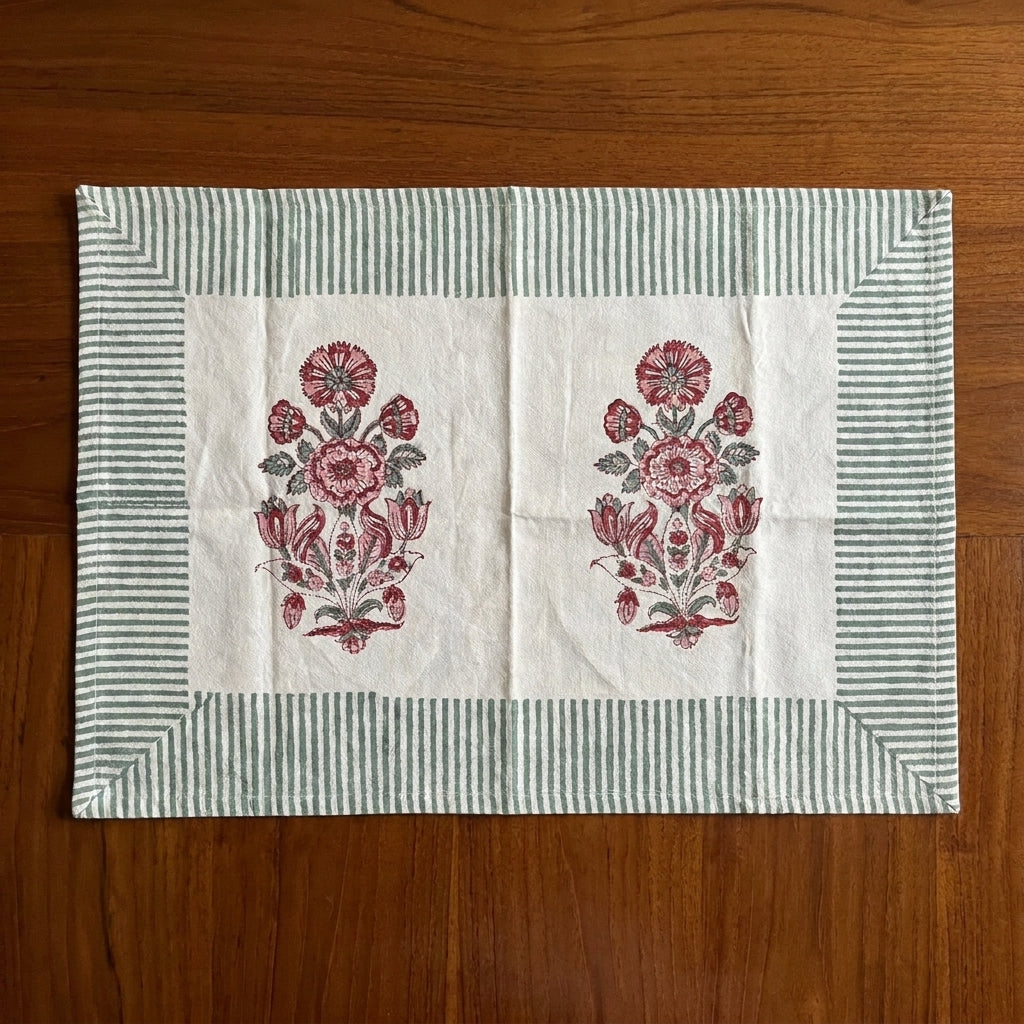 Burgundy Garden Hand-Block Printed Table Linen Set – 13 Piece