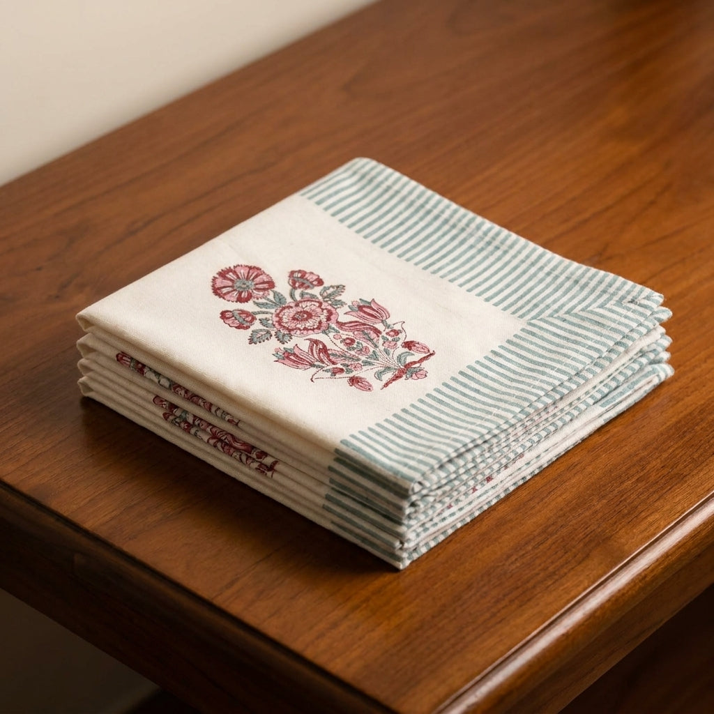 Burgundy Garden Hand-Block Printed Table Linen Set – 13 Piece