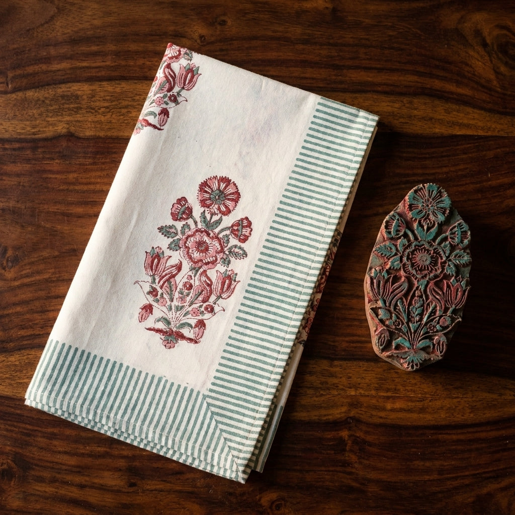 Burgundy Garden Hand-Block Printed Table Linen Set – 13 Piece