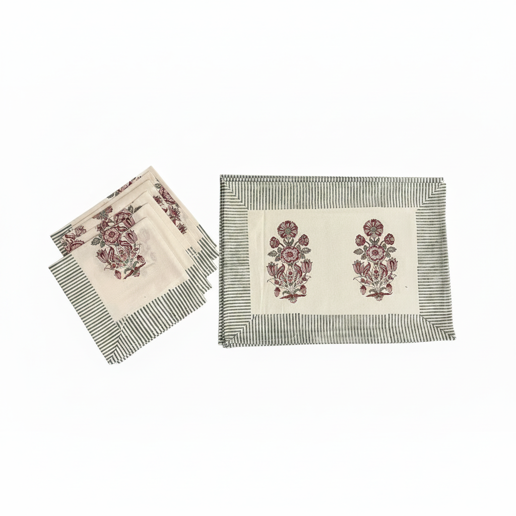 Burgundy Garden Hand-Block Printed Table Linen Set – 13 Piece