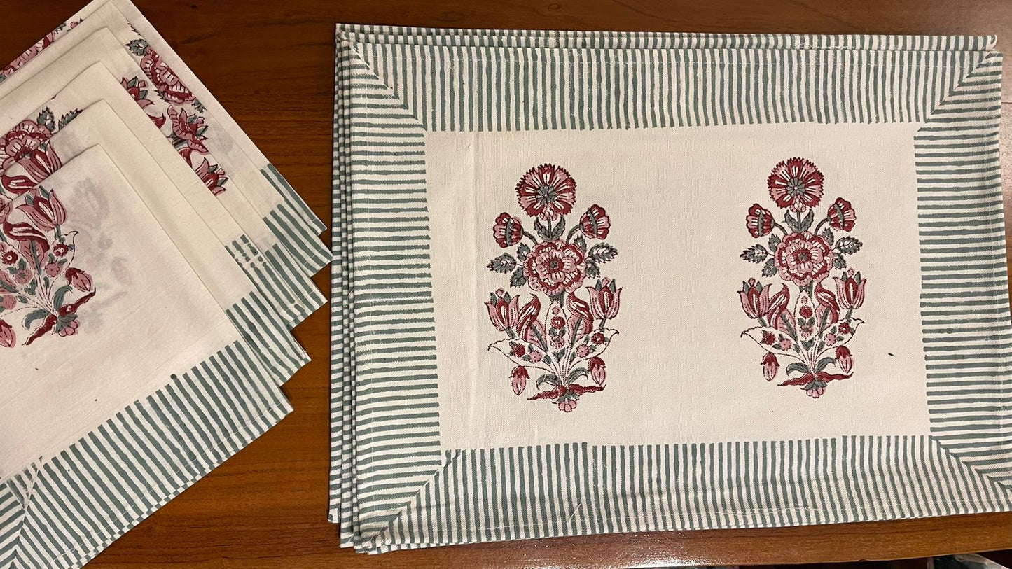 Burgundy Garden Hand-Block Printed Table Linen Set – 13 Piece