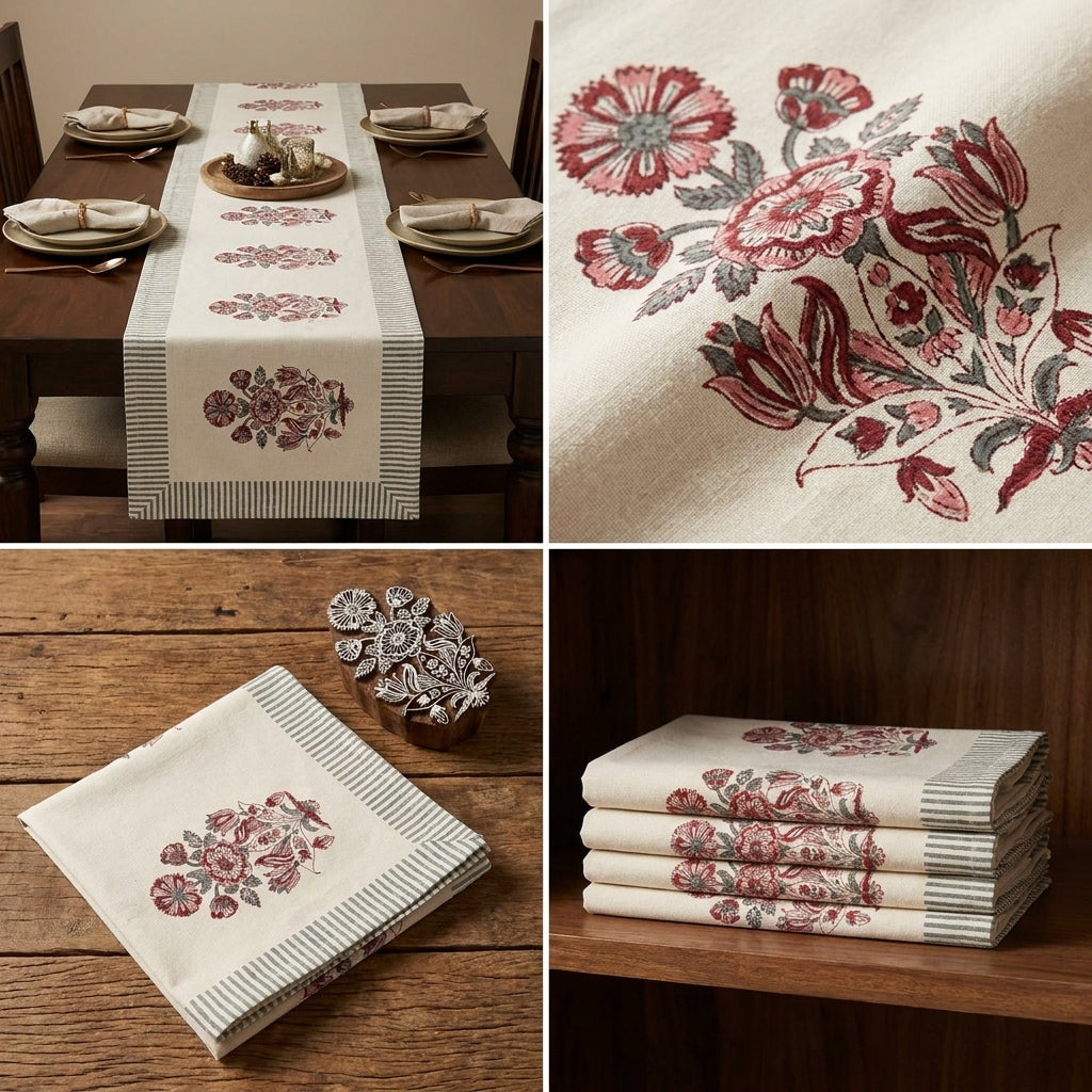 Burgundy Garden Hand-Block Printed Table Linen Set – 13 Piece
