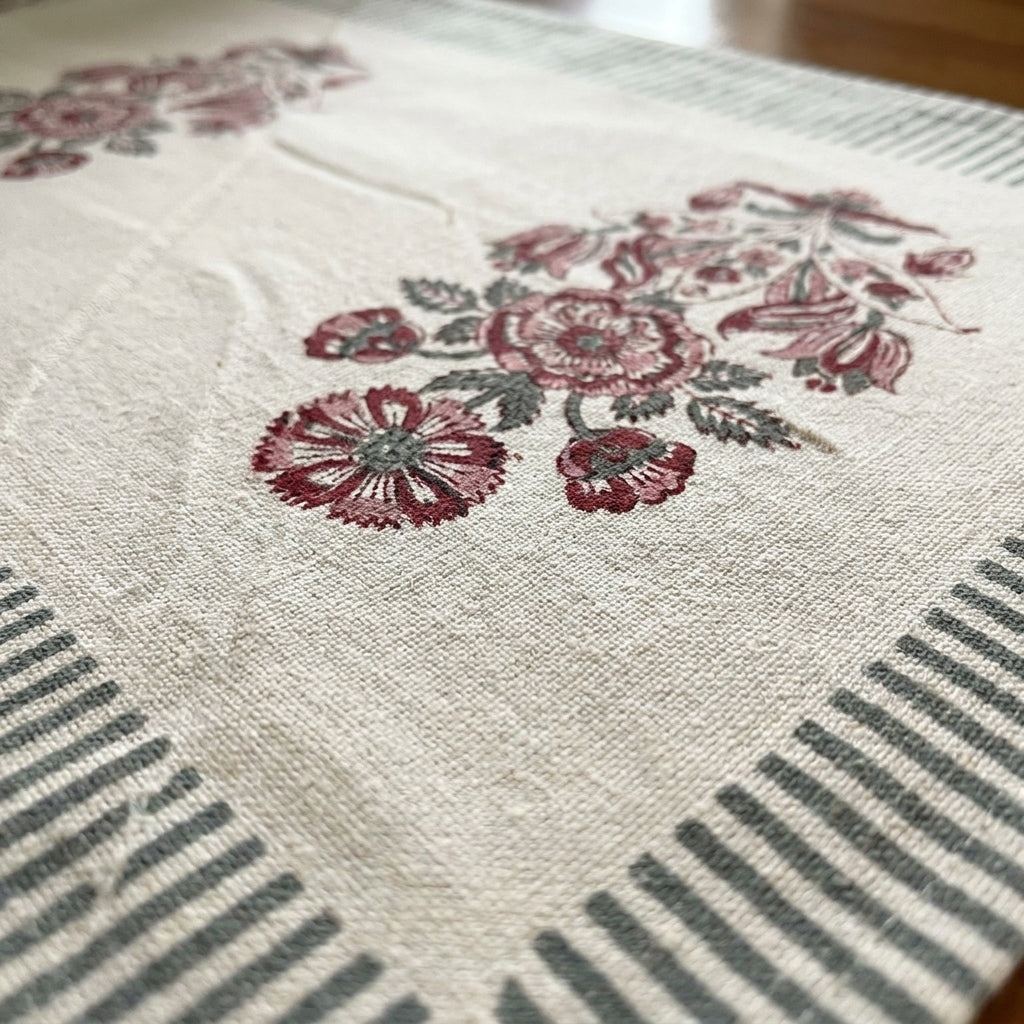 Burgundy Garden Hand-Block Printed Table Linen Set – 13 Piece