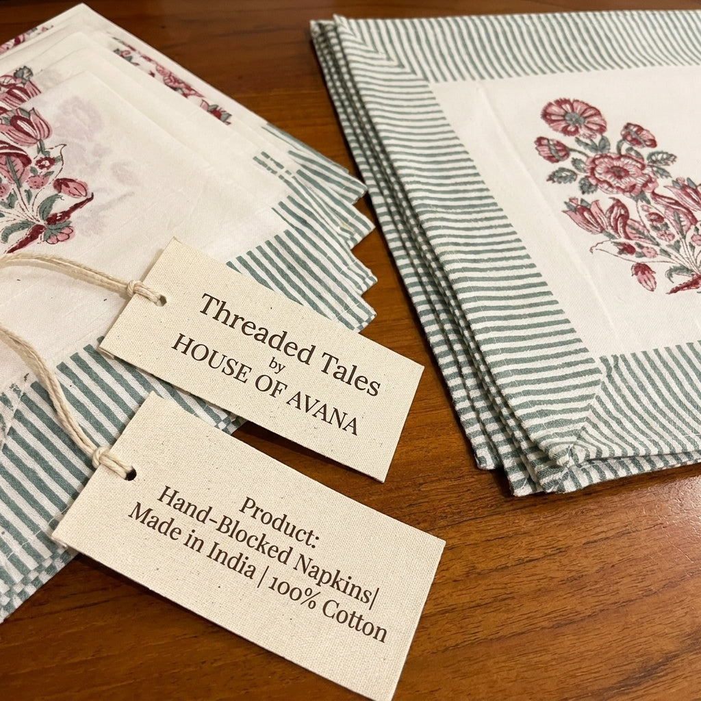 Burgundy Garden Hand-Block Printed Table Linen Set – 13 Piece
