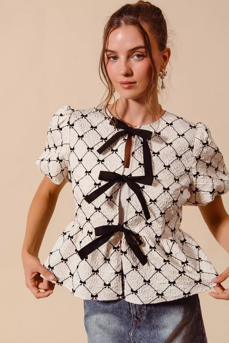 SO ME Bow Texture Woven Peplum Top With Contrast Tie