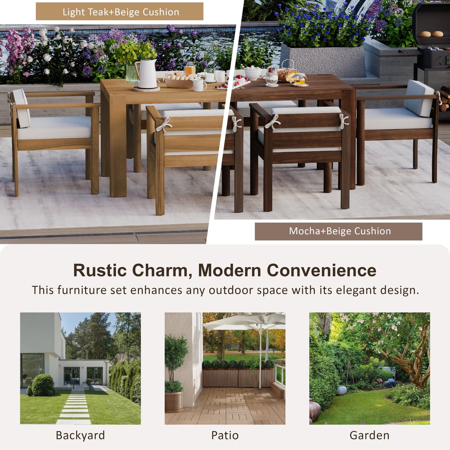 Patio Set Rectangle Light Teak with Removable Cushions for 6 72.8 Inch Table