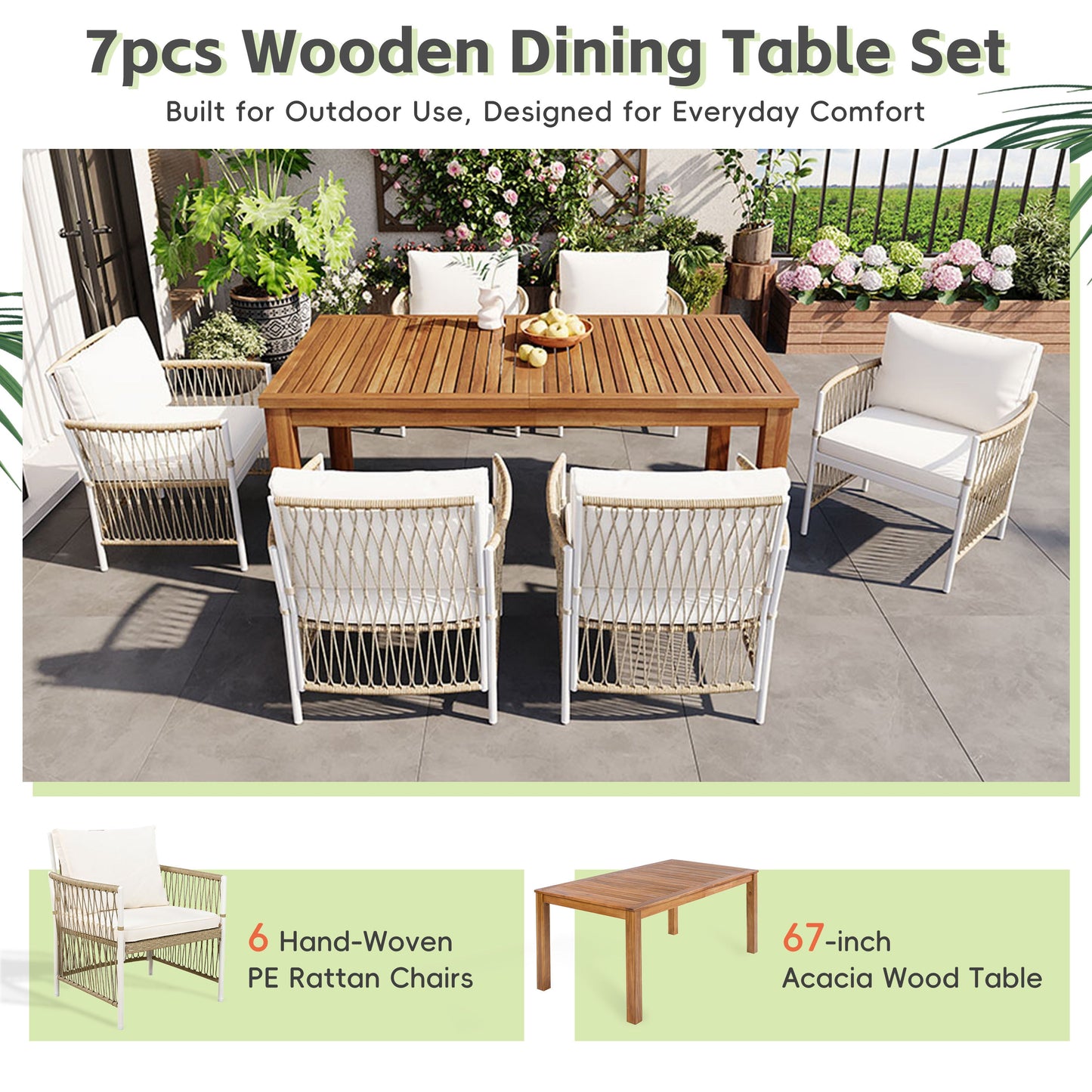 Patio Dining Set Rectangular, 67 Inch Wooden Table with 6 Rattan Armchairs