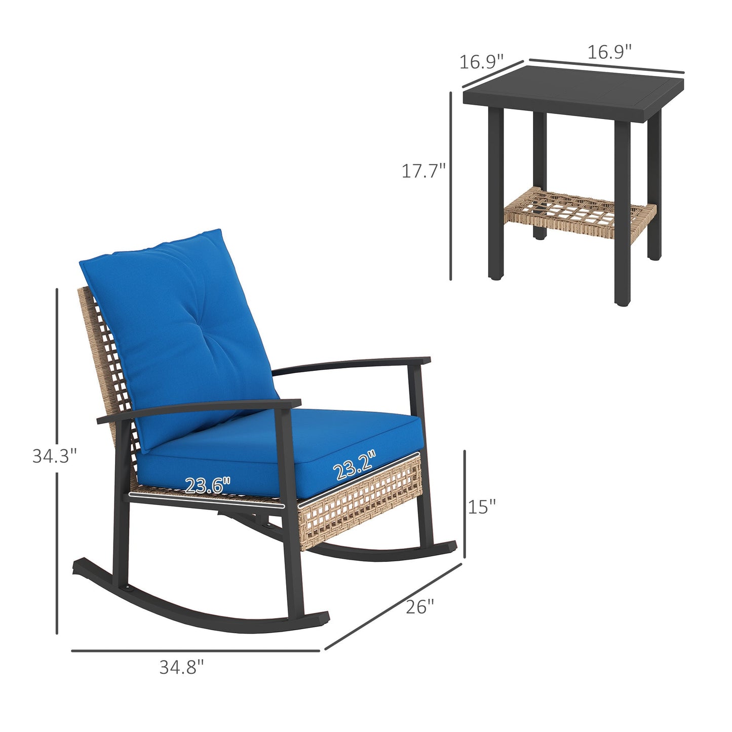 Patio Set Rocking Rattan Chairs Table Button Tufted Cushions Weather Resistant
