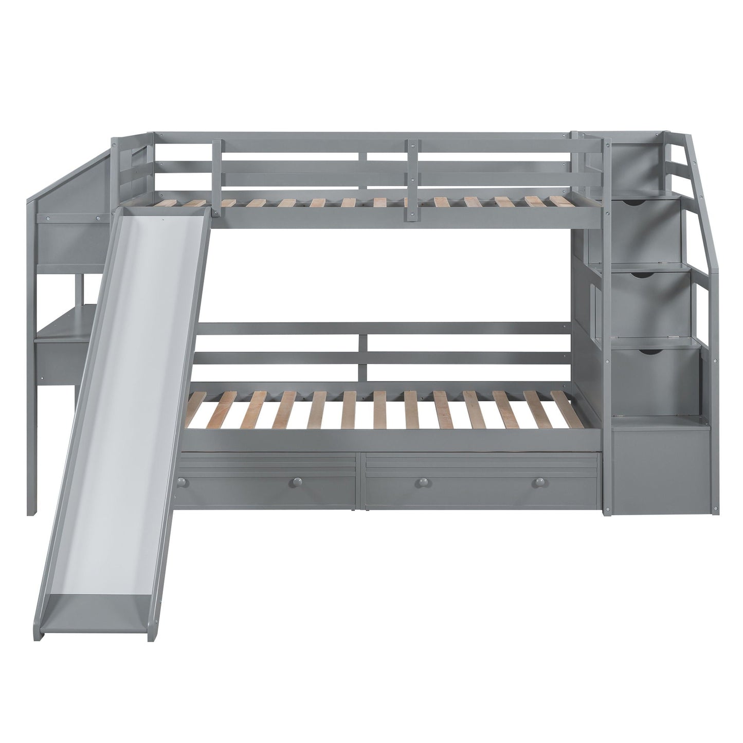 Bunk Bed With Storage Staircase, Slide, Desk, Drawers, And Shelves