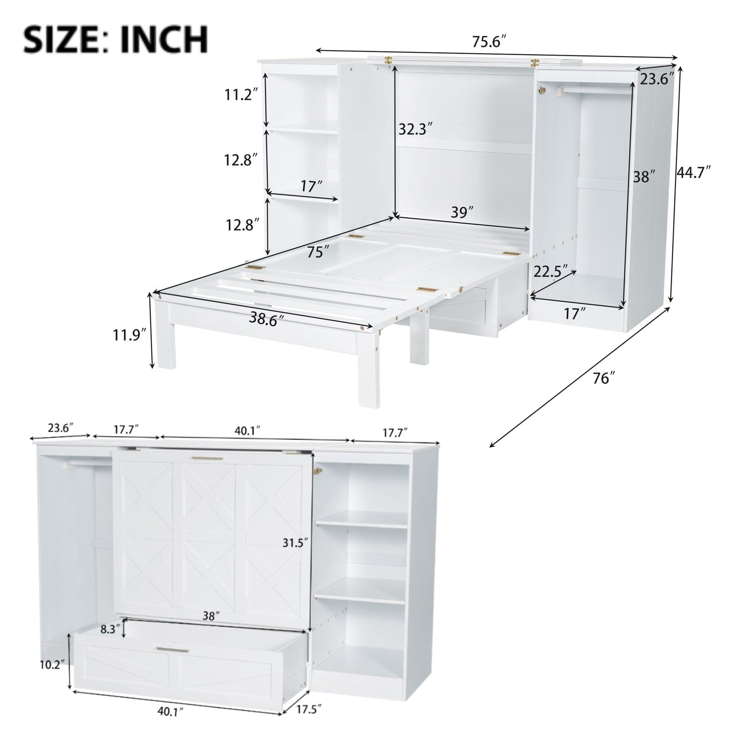 Twin Size Murphy Bed With Bedside Shelves And Wardrobe - White