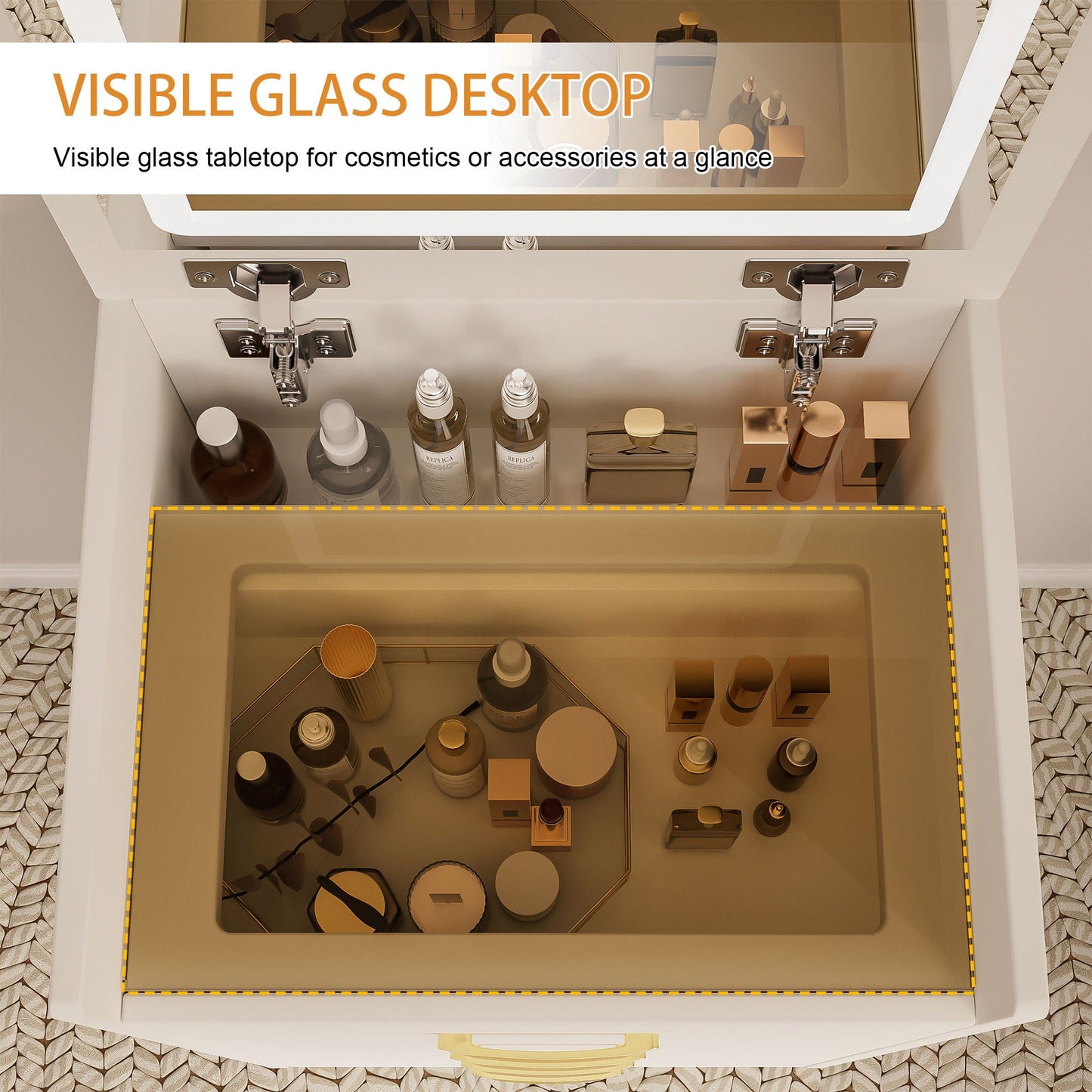 Compact 3 In 1 Vanity Desk With Open Top Mirror, Glass Desktop, 5 Height - White
