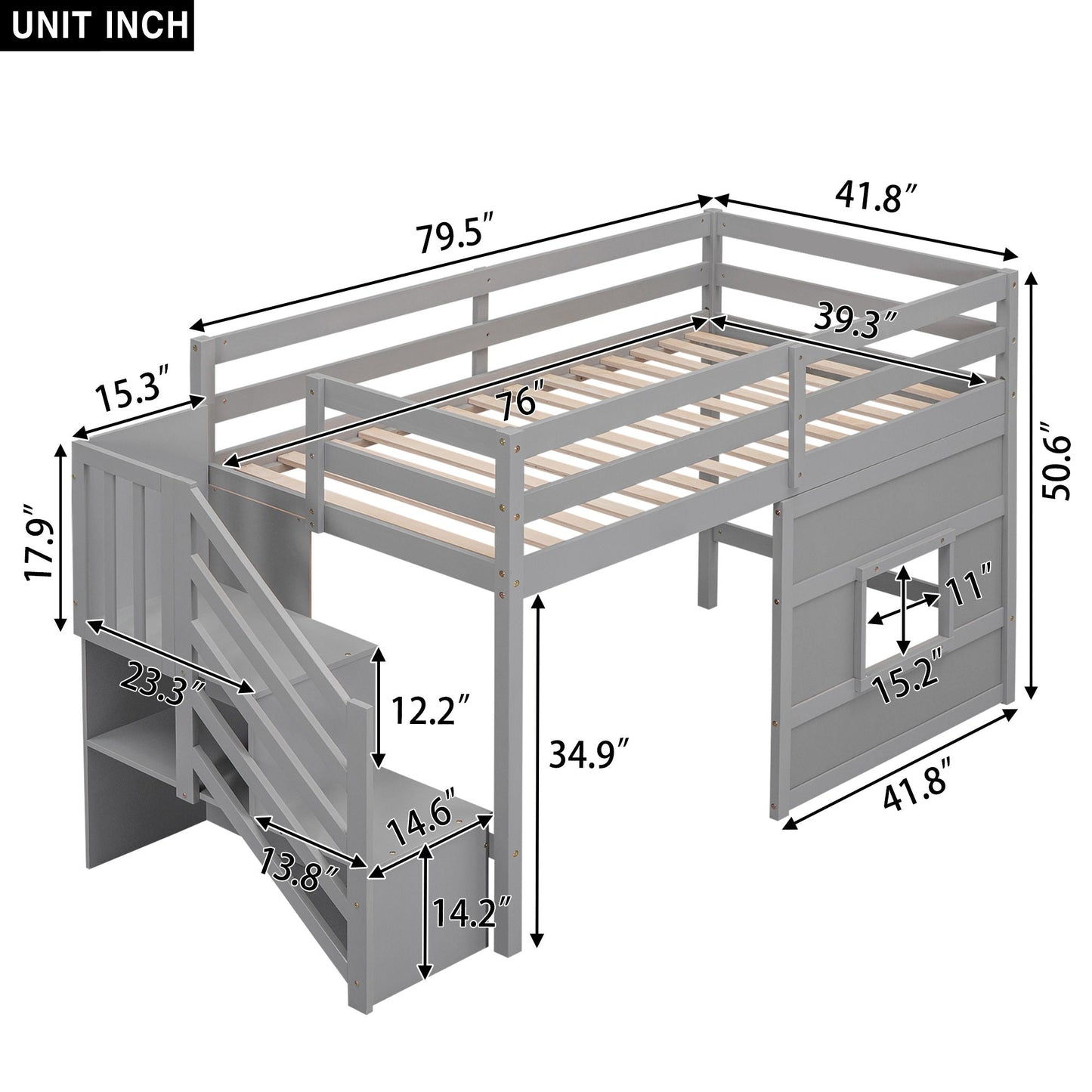 Loft Bed With Storage Staircase, Window & LED Light