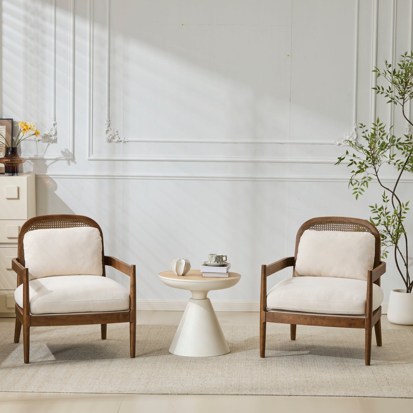Elliston Rattan Backrest Solid Wood Accent Chair with Cushions - Set of 2