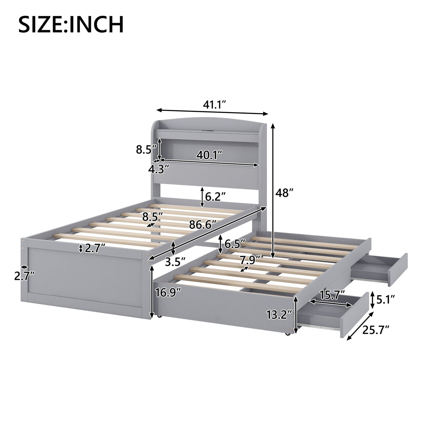 Platform Bed With LED Headboard, Charging Station, Trundle And 2 Drawers