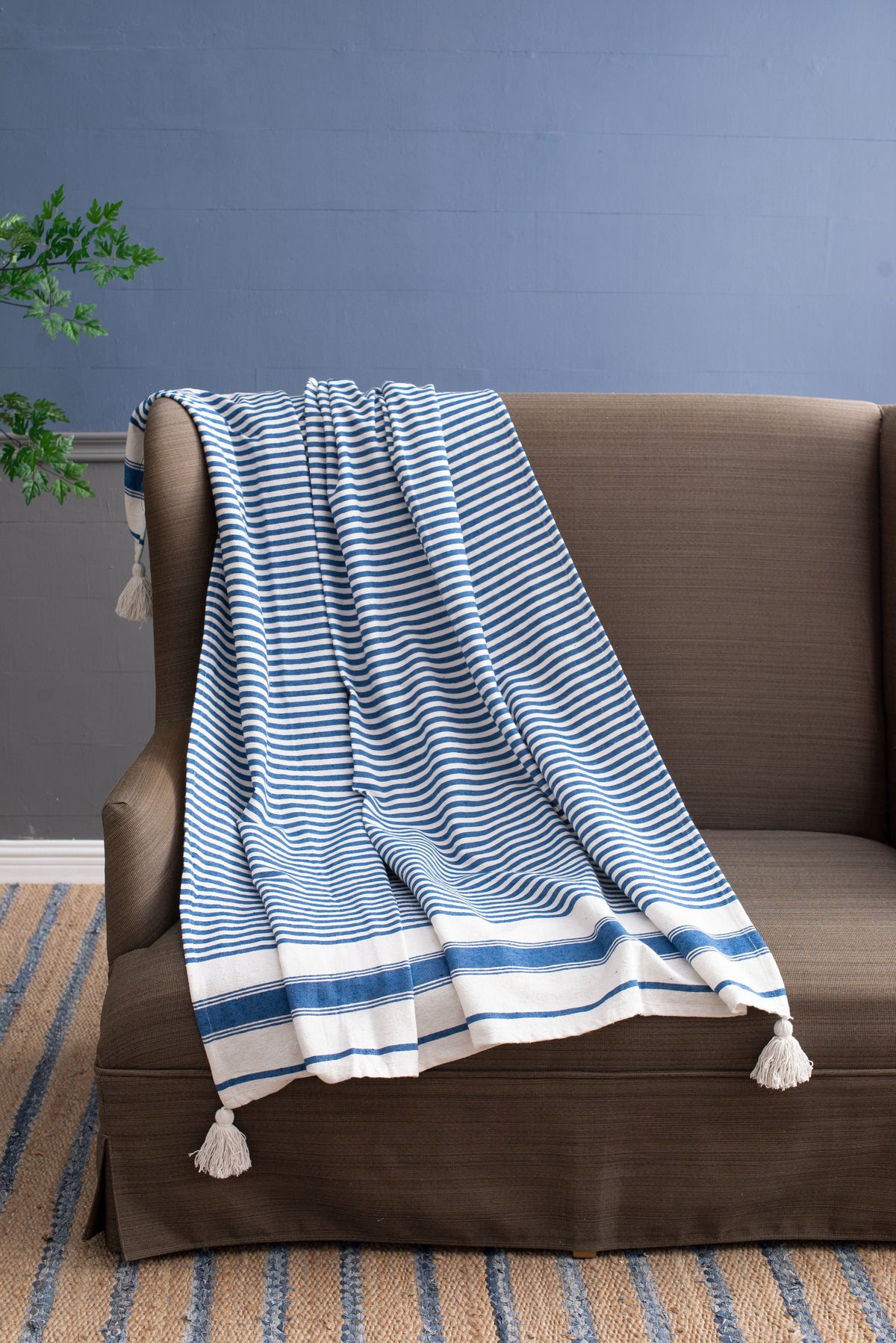 Brighton Blue & White Striped Cotton Throw Blanket
