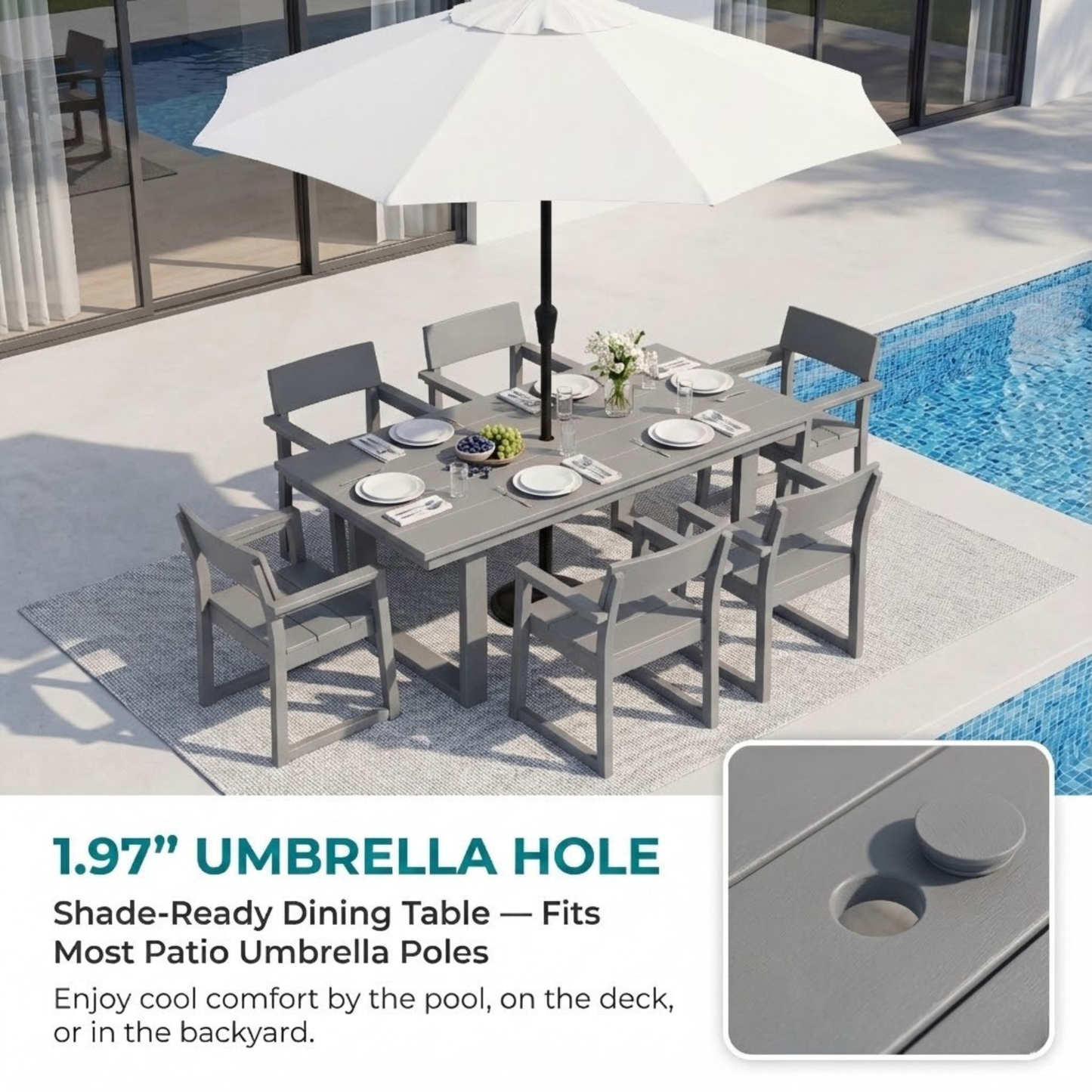 Outdoor Dining Set 6 Person HDPE Gray Weather Resistant Umbrella Hole