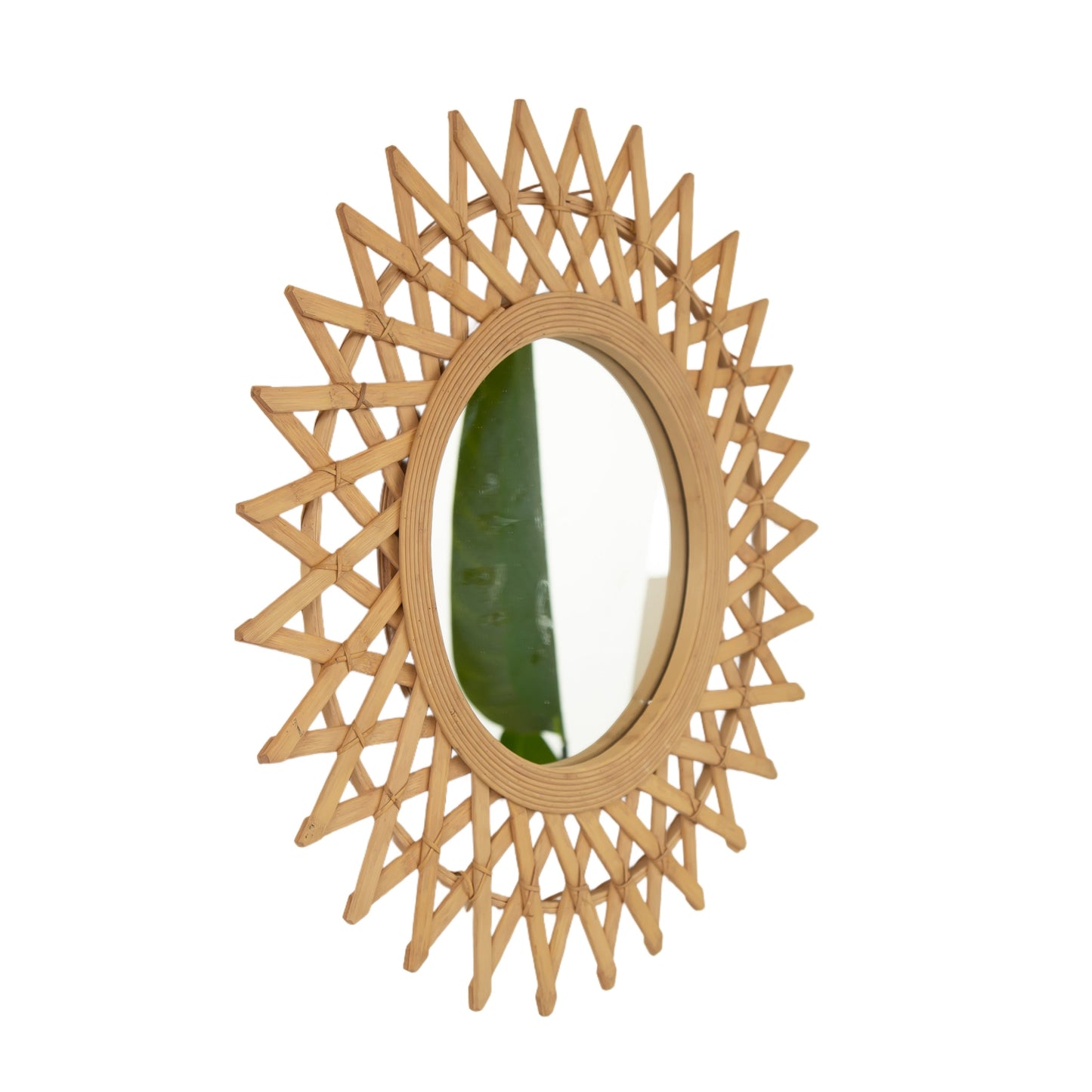 Wall Mirror Round Bamboo Hemp Rope Diamond Pattern Natural Boho 23.6 In
