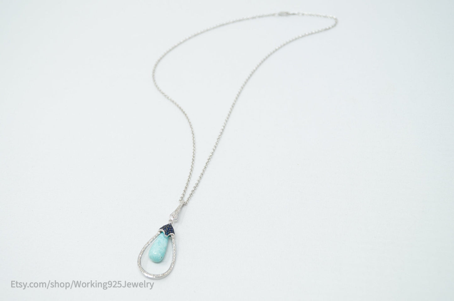 Vtg Designer RPG Ocean Blue Larimar Sapphire Diamond Sterling Silver Necklace