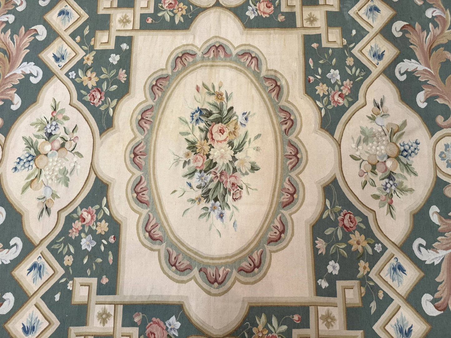 Aubusson Rug 9x12, Muted Sage Green and Cream, European Design