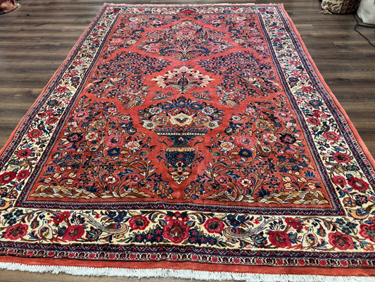 Persian Sarouk Rug 7x10, Red and Ivory, Floral Bouquets, Birds