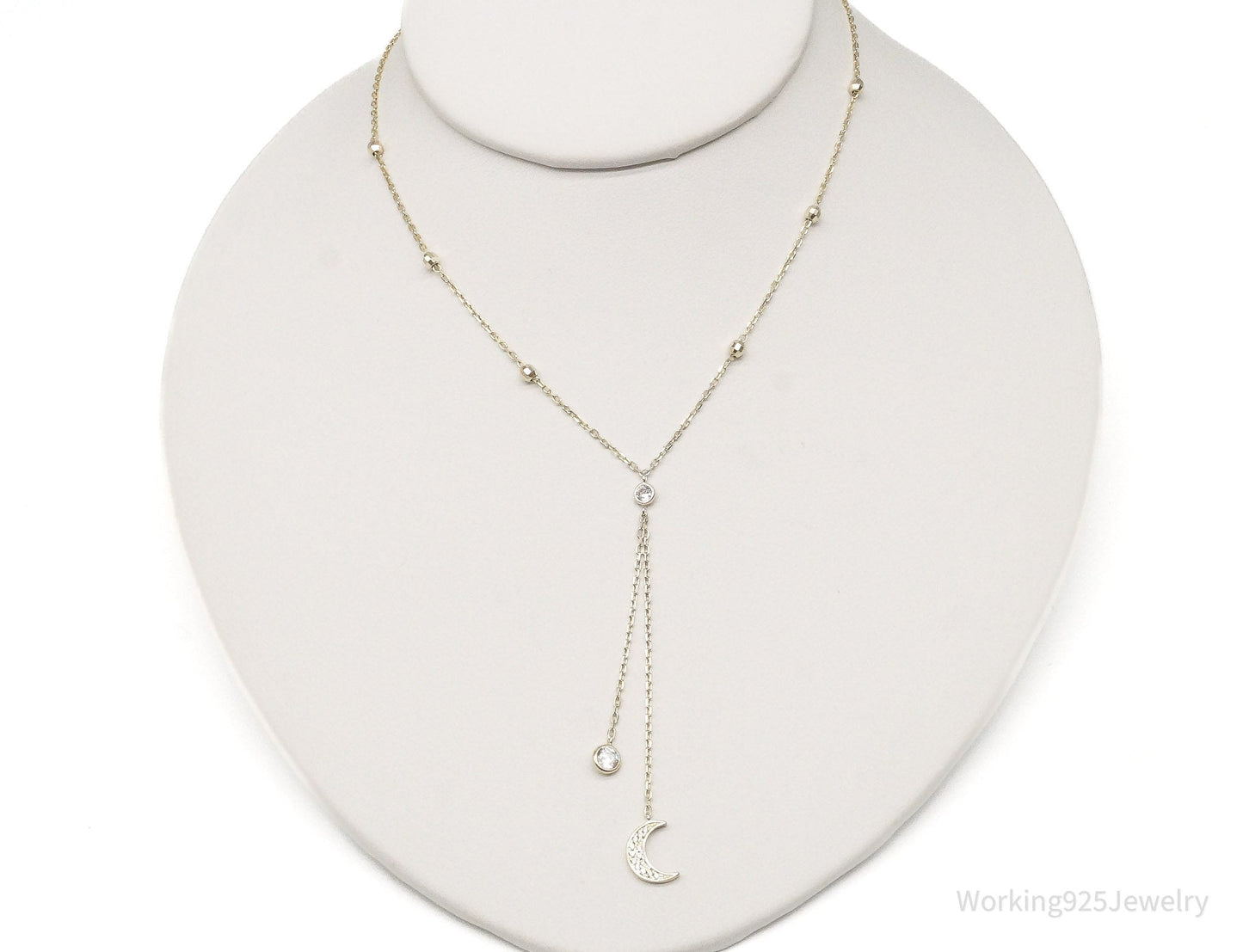 Vintage Cubic Zirconia Moon Charm Sterling Silver Necklace