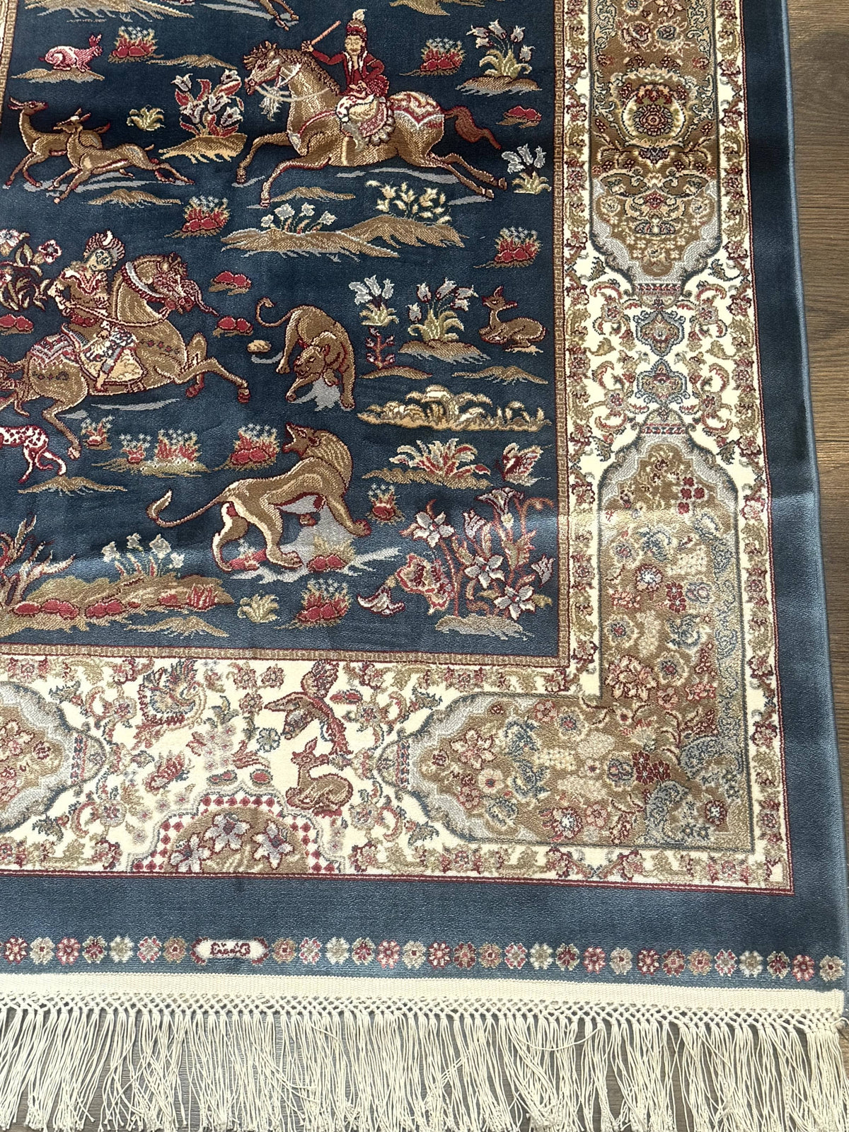 The Sporting Estate Turkish Hunting Scene Rug — Dark Steel Blue &amp; Ivory