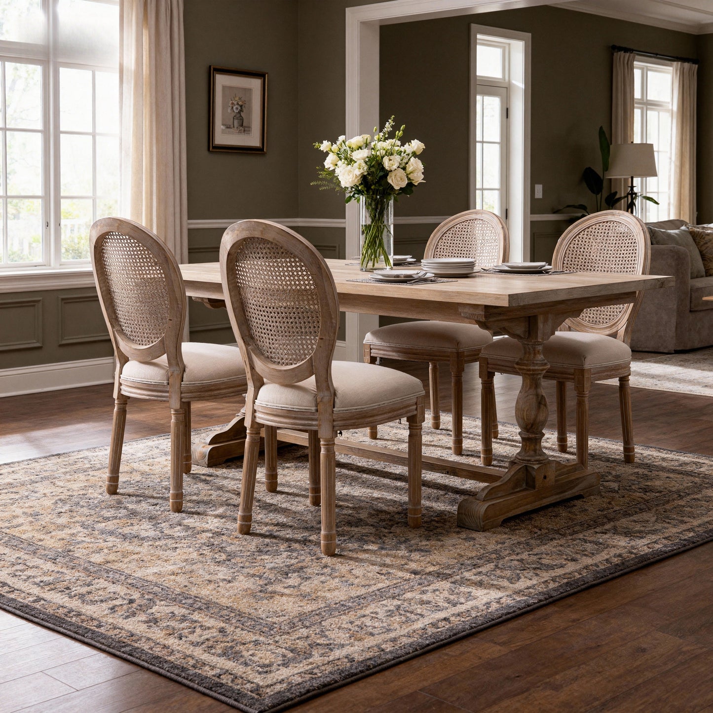 French Style Solid Wood Linen Fabric Rattan Back Dining Chair, Set of 2, Beige