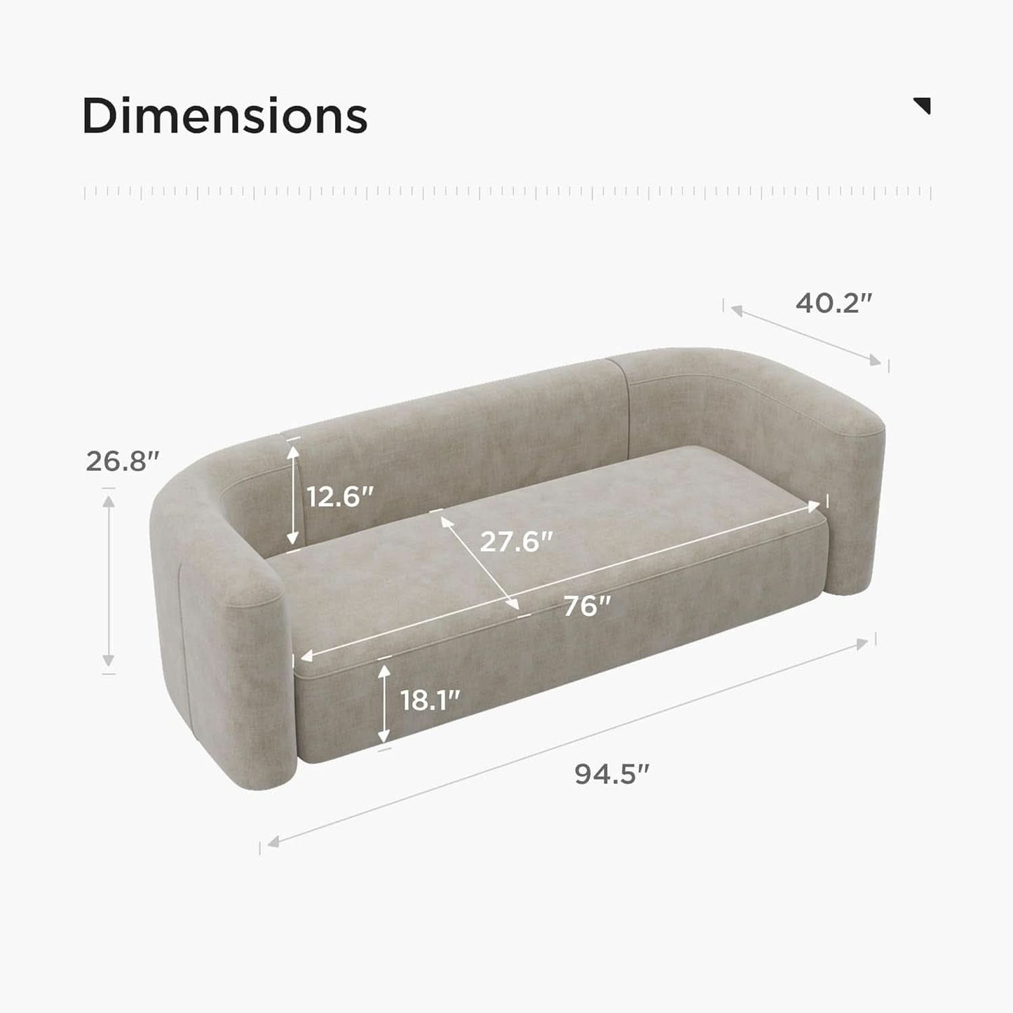 ** Cream Velvet 3 Seater Modern Sofa with Curved Backrest