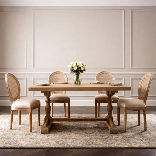 French Style Solid Wood Linen Fabric Rattan Back Dining Chair, Set of 2, Beige