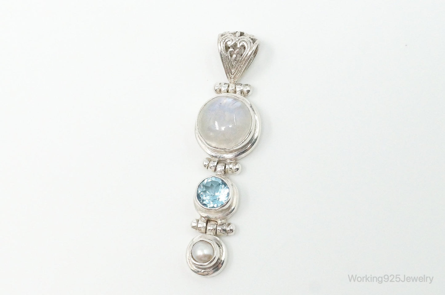 Large Designer SJ Blue Topaz Moonstone Pearl Sterling Necklace Pendant
