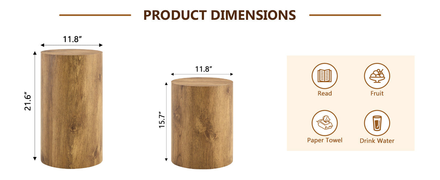 Modern Minimalist Set of Two Wood color Cylinder Coffee Tables