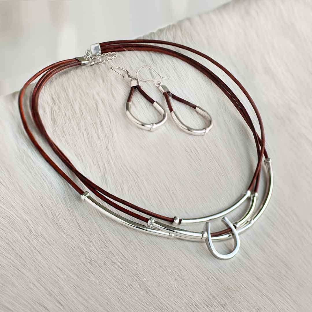 Calista - Equestrian Horseshoe Necklace on Brown Leather